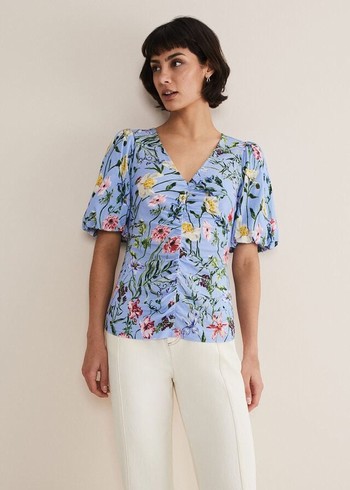 Phase Eight Donda Floral Ruched Shirts Blue/Multicolor USA | 3596781-UY